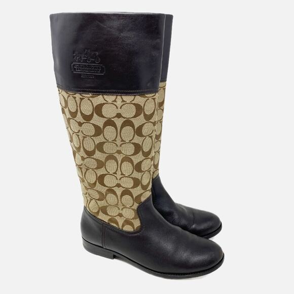Coach Brown/Tan Chrissi Leather & Logo Print Riding Boots Women's Sz 7.5 Pull On - Picture 1 of 10